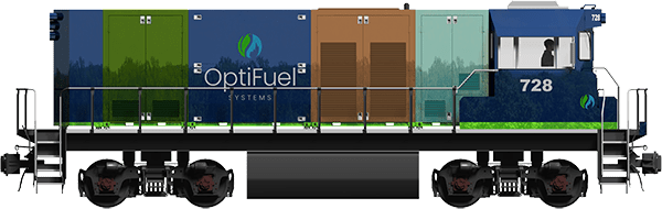 OptiFuel 52' 1500 hp Diesel or Diesel-RNG Dual Fuel Hybrid Switcher Locomotive